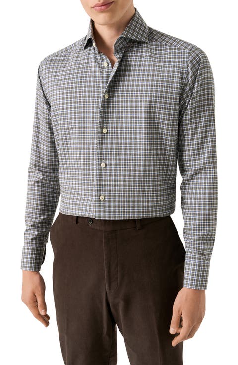 Contemporary Fit Grey Check Cotton Flannel Dress Shirt