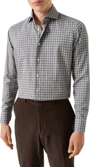 Eton Contemporary Fit Grey Check Cotton Flannel Dress Shirt
