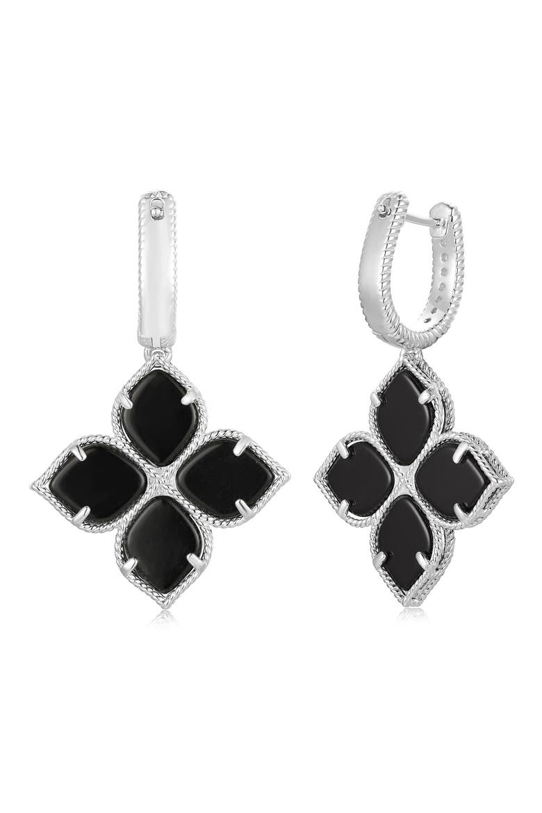 Pavé Cubic Zirconia Floral Drop Huggie Hoop Earrings, Alternate, color, BLACK