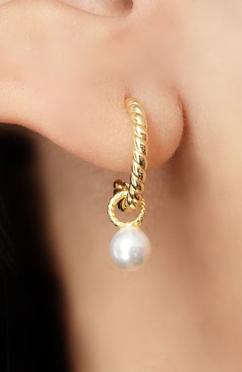 Argento Vivo Sterling Silver Rope Textured Faux Pearl Drop Huggie Hoop Earrings In Gold