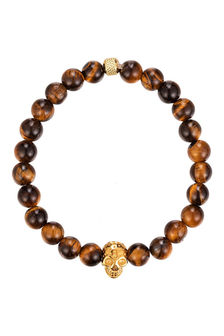 Men's Aaron Tiger Eye Skull Beaded Bracelet, Main, color, GOLD