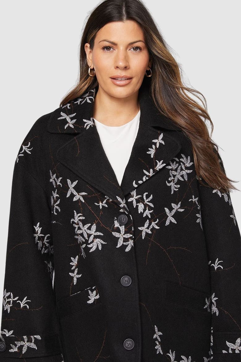 Floral Three Button Collared Coat, Alternate, color, Black