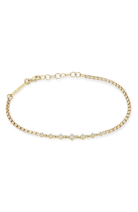 Prong 14k Gold Graduated Diamond Box Chain Bracelet