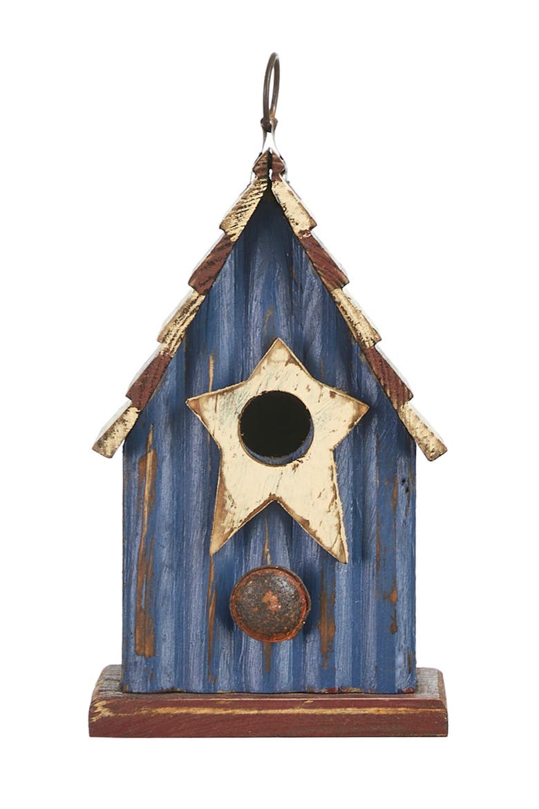 Patriotic Hanging Distressed Solid Wood Decorative Garden Birdhouse with Star, Alternate, color, Blue