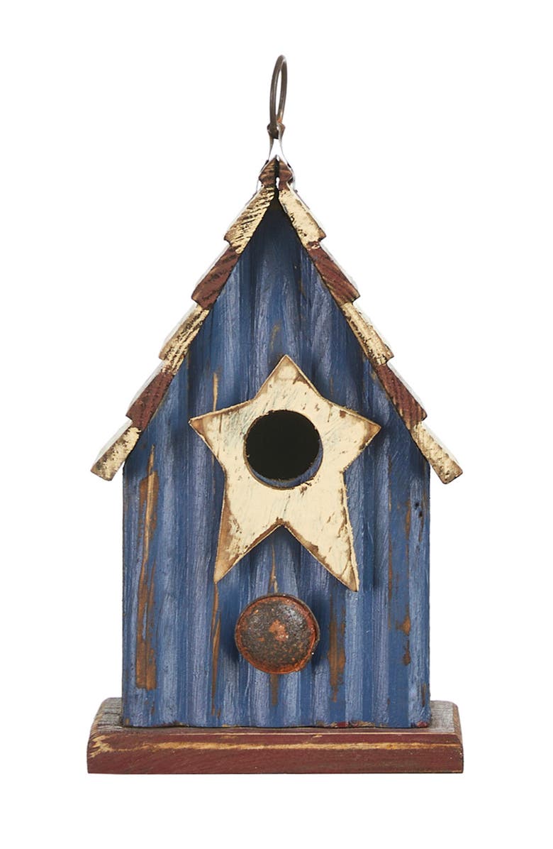 Glitzhome Patriotic Hanging Distressed Solid Wood Decorative Garden Birdhouse with Star, Alternate, color, Blue