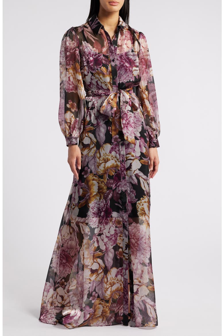 Floral Long Sleeve Maxi Shirtdress, Main, color, BLACK MULTI