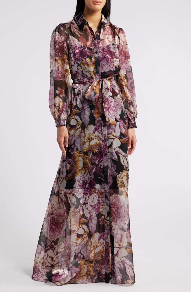 Julia Jordan Floral Long Sleeve Maxi Shirtdress, Main, color, Black Multi