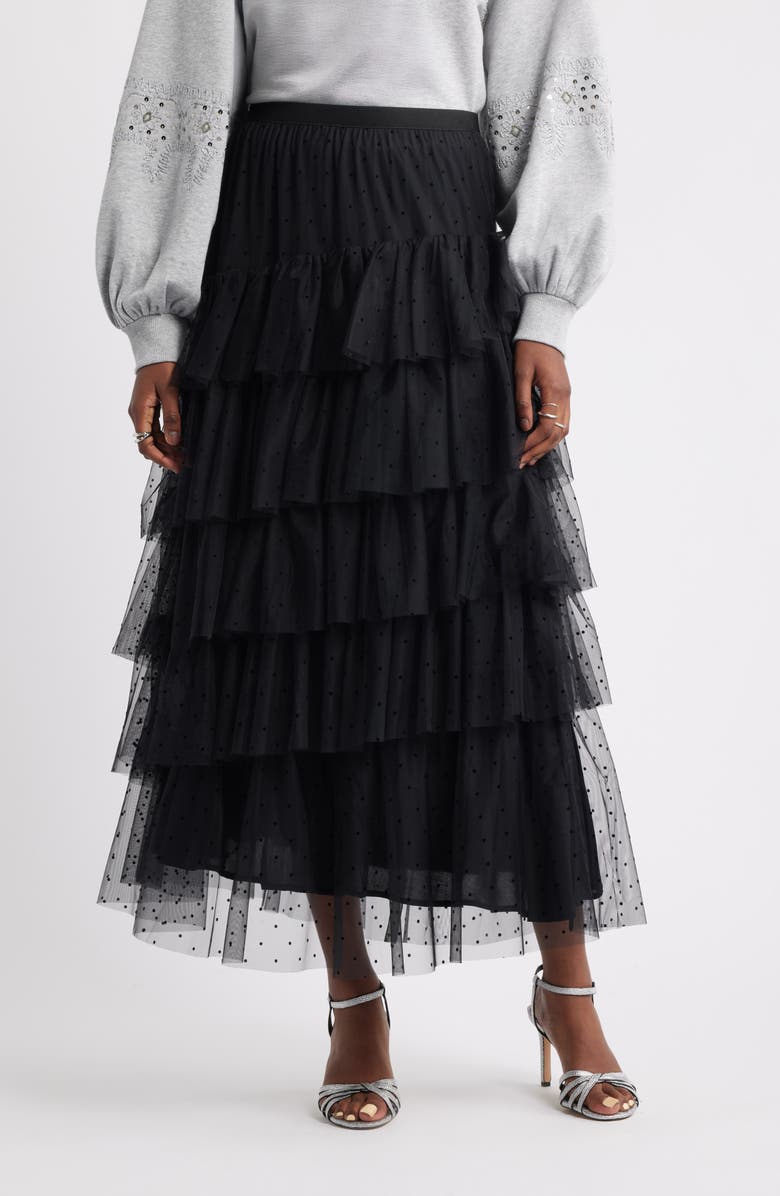 Treasure & Bond Flock Dot Tiered Tulle Maxi Skirt, Main, color, Black