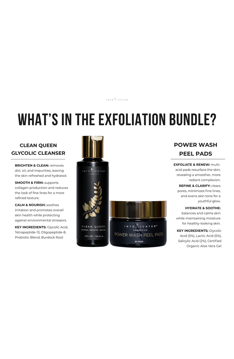 Intoxicated Cosmetics Exfoliation Bundle |Clean Queen Glycolic Wash & Power Wash Multi Acid Peel Pads, Alternate, color, NO COLOR