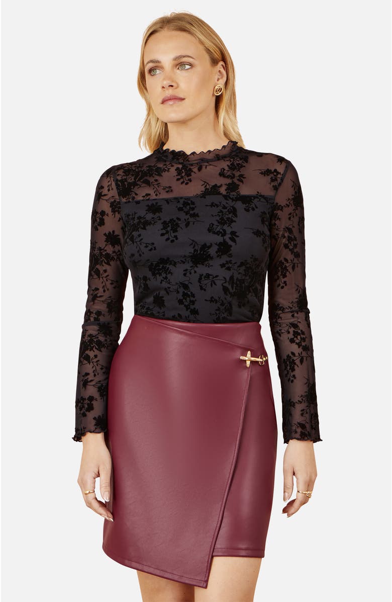 Yumi Flocked Floral Stretch Mesh Top, Alternate, color, Black