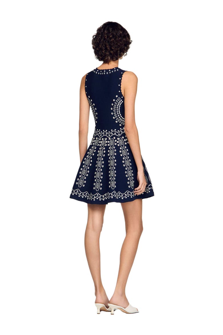 Scarf-print knit short dress, Alternate, color, Navy blue