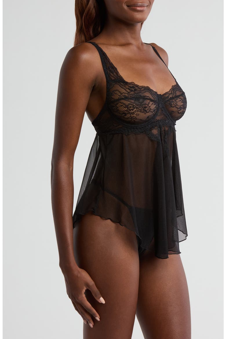 Lace Underwire Babydoll Chemise & G-String Set, Alternate, color, BLACK