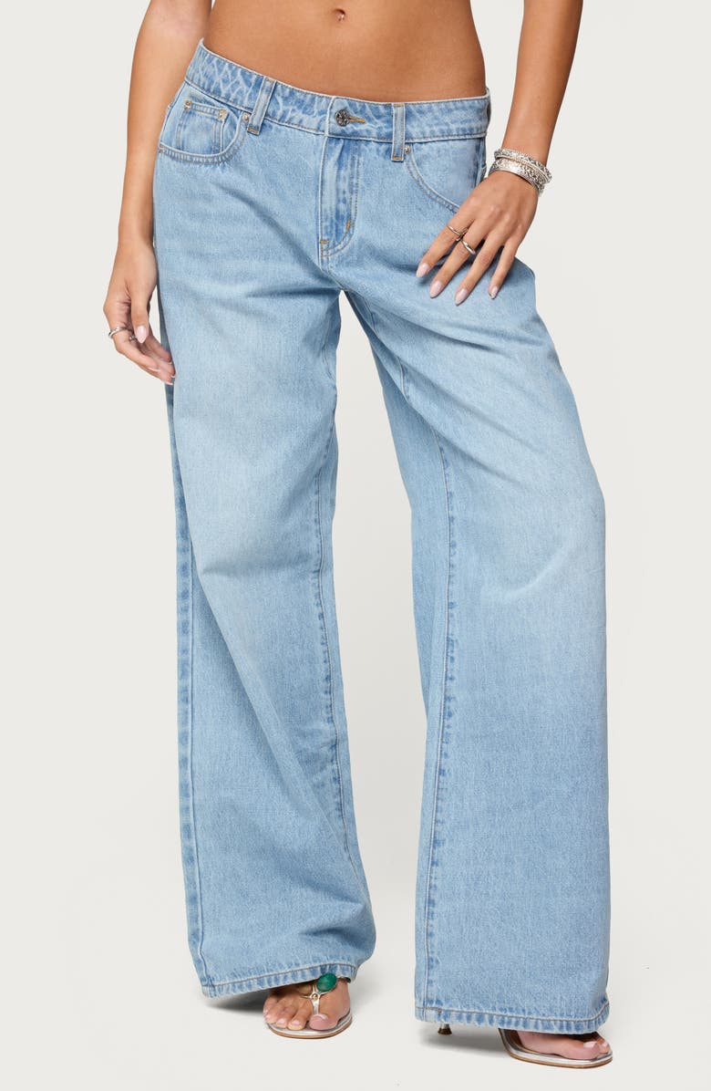 EDIKTED Mirra Flower Pocket Low Rise Wide Leg Jeans, Main, color, Blue