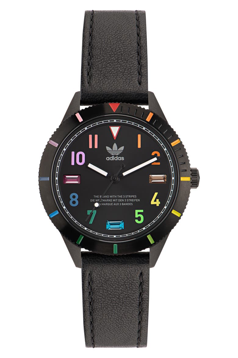Edition Three Icon Leather Strap Watch, 36mm, Main, color, BLACK/ BLACK/ BLACK
