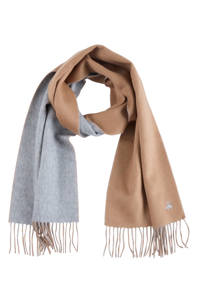 Brooks Brothers Twill Wool & Cashmere Blend Fringe Scarf, Alternate, color, Camel/ Heather Grey