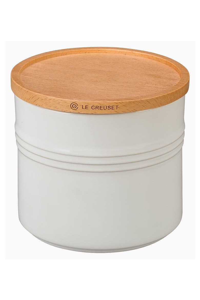 Glazed Stoneware 1 1/2 Quart Storage Canister with Wooden Lid, Main, color, WHITE