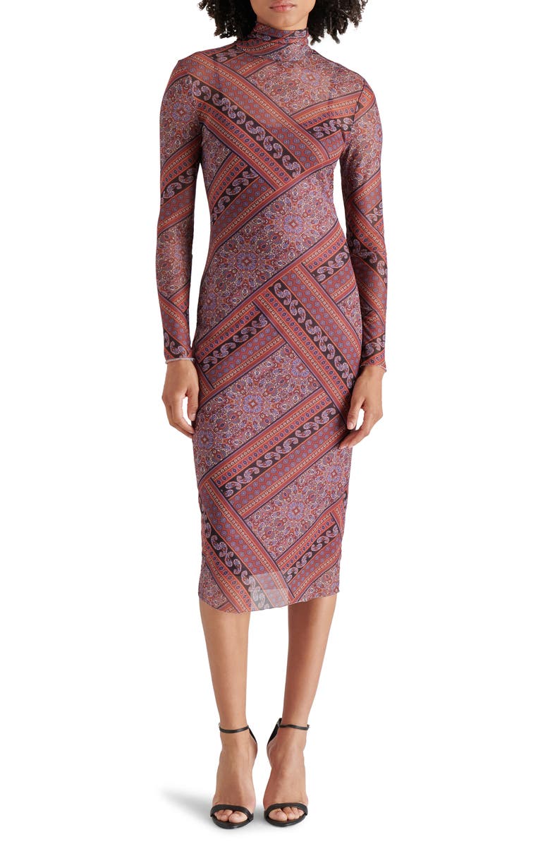 Steve Madden Vivienne Scarf Print Long Sleeve Turtleneck Mesh Midi Dress, Main, color, Multi
