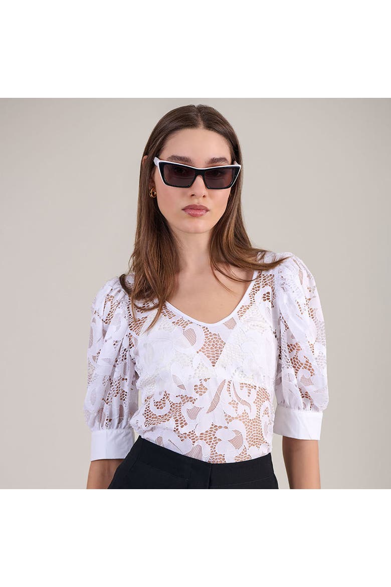Women's  Katia White V-Neck Top With Sheer Mesh Sleeves, Alternate, color, White