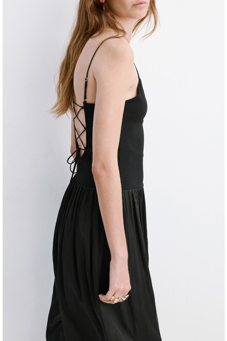 Lace-Up Back Drop Waist Mixed Media Dress, Alternate, color, BLACK