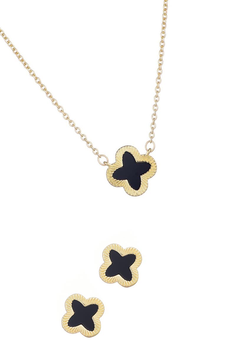Adornia Black Inlay Clover Clover Pendant Necklace & Stud Earrings, Main, color, Black/ Gold