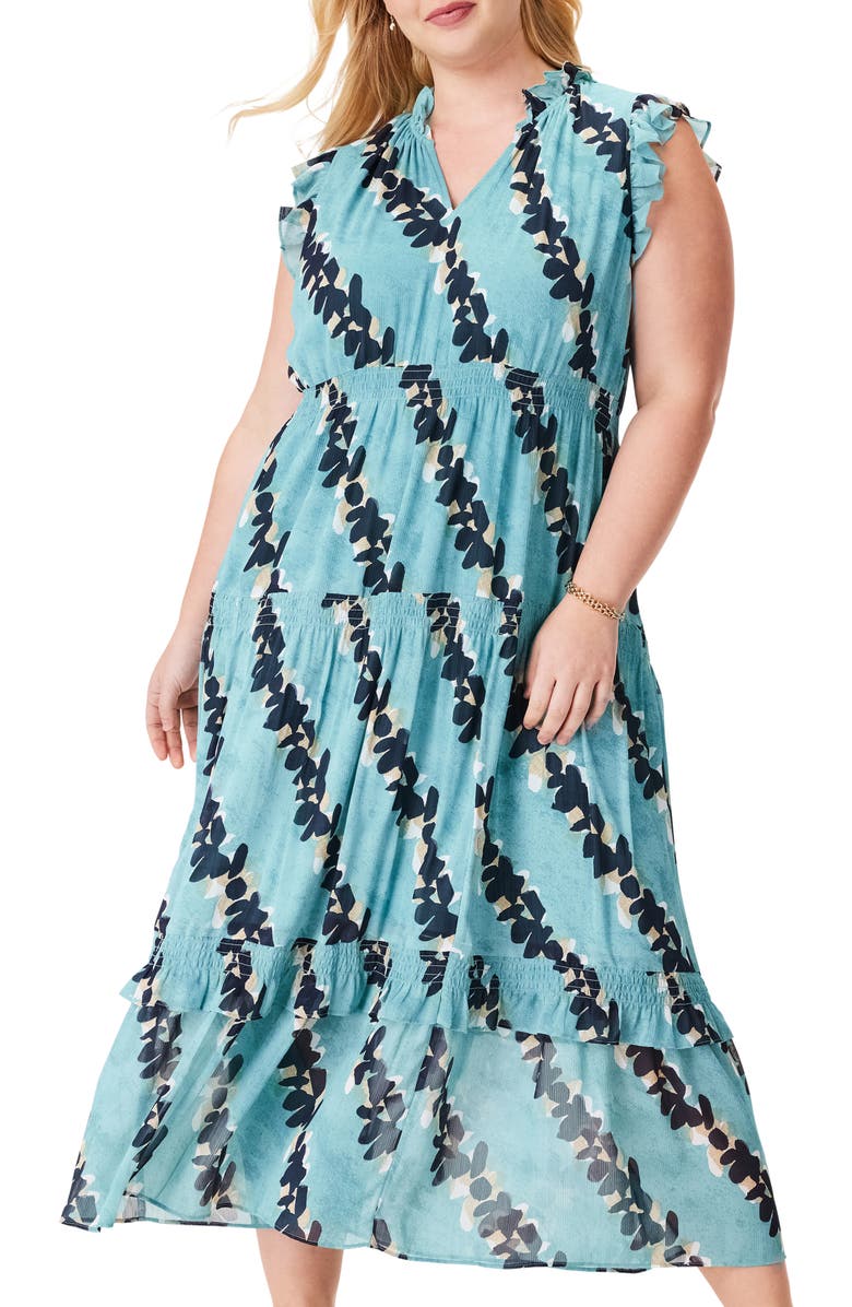 NIC+ZOE Rolling Reef Ruffle Trim Maxi Dress, Alternate, color, Aqua Multi