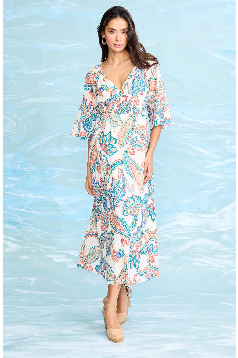 Floral Cutout Midi Dress, Alternate, color, IVORY/ HOT CORAL
