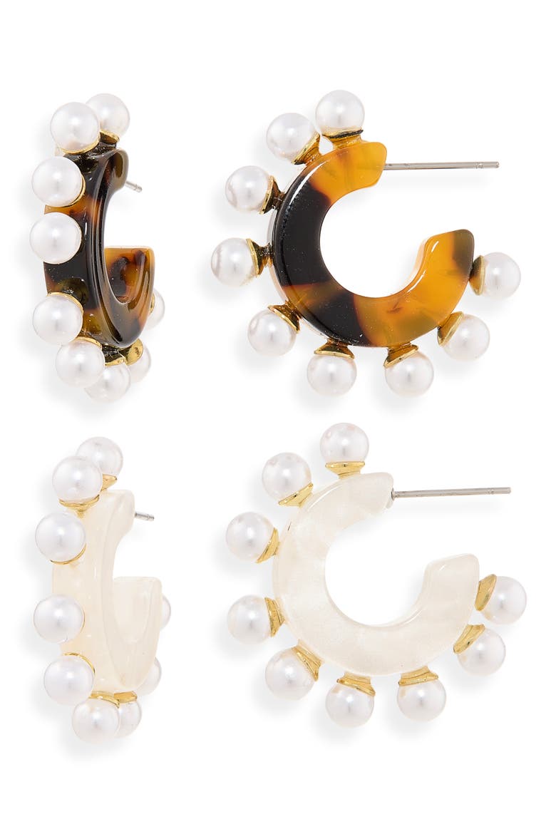 Set of 2 Imitation Pearl C-Hoop Earrings, Main, color, WHITE/ TORT