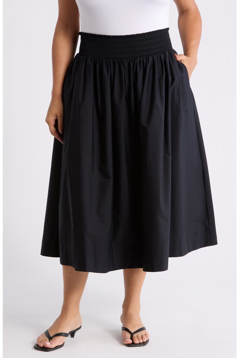 Smocked Waist Pleated Midi Skirt, Main, color, BLACK