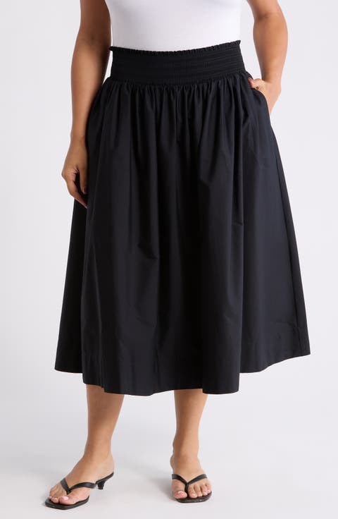 Smocked Waist Pleated Midi Skirt (Plus)