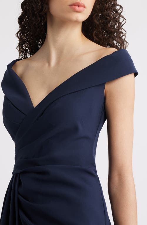 Shop Eliza J Social Portrait Collar Laguna Crepe Gown In Navy