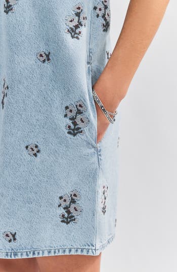 Floral Cross-Stitch Denim Shift Dress