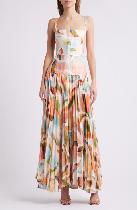 Leasgill Abstract Print Open Back Linen Blend Maxi Dress
