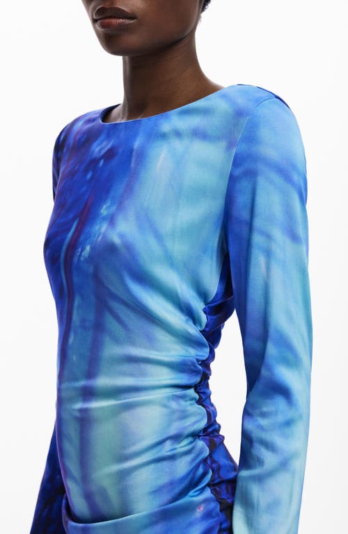 Desigual Tie Dye Pattern Long Sleeve Midi Dress In Blue