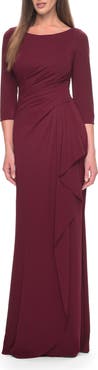 La Femme Chic Long Evening Gown with High Neck and Ruffle Detail
