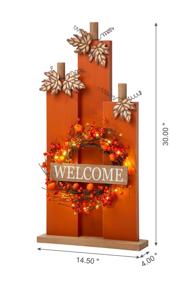 30"H Fall Lighted Wooden Pumpkin Decor with Timer, Alternate, color, Orange