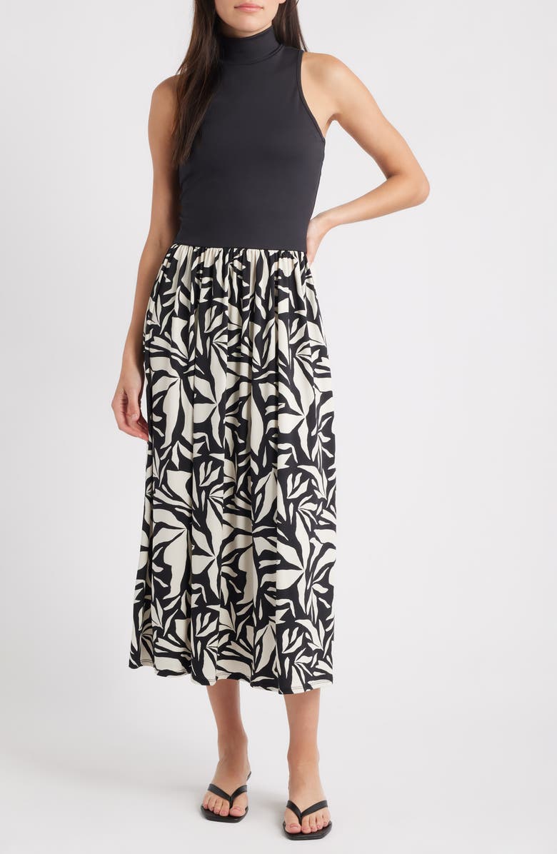 Loveappella Mock Neck Sleeveless Midi Dress, Main, color, Black/ Ivory