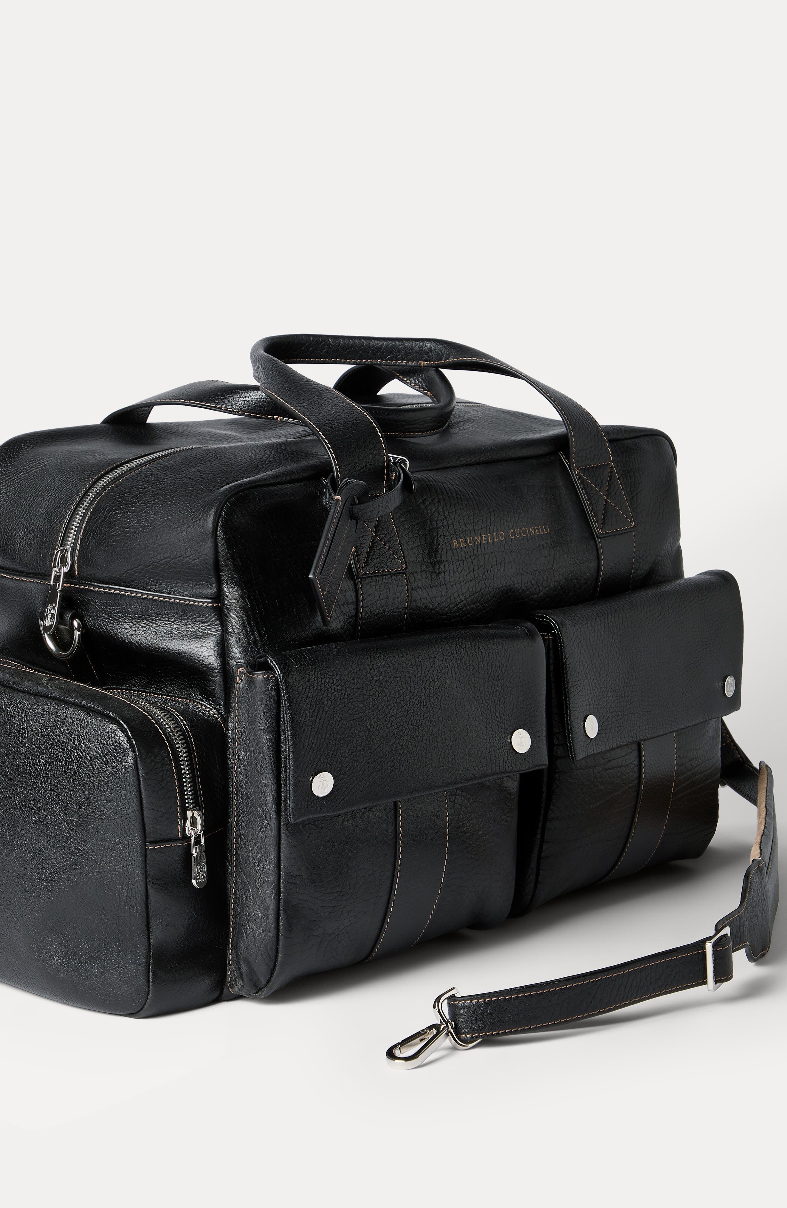 Brunello Cucinelli Grained calfskin leisure bag, Alternate, color, Black