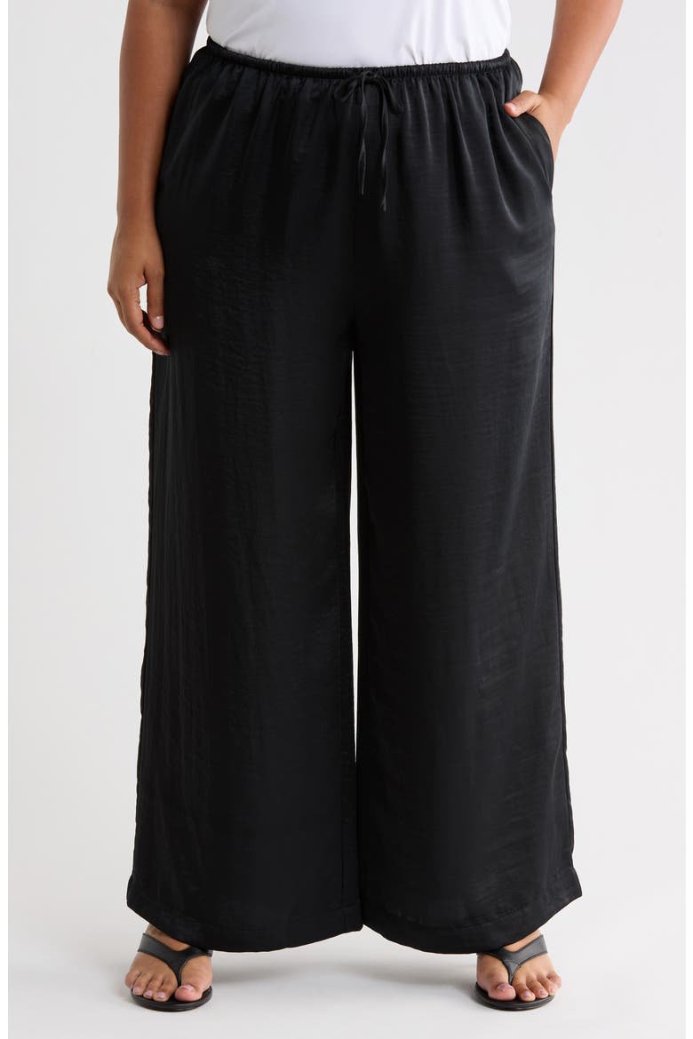 Textured Satin Drawstring Pants, Main, color, BLACK