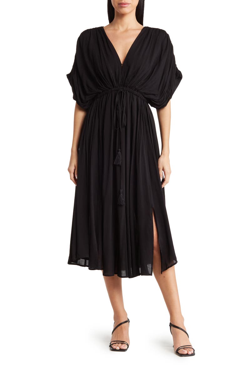 Dolman Sleeve Tie Waist Midi Dress, Main, color, BLACK