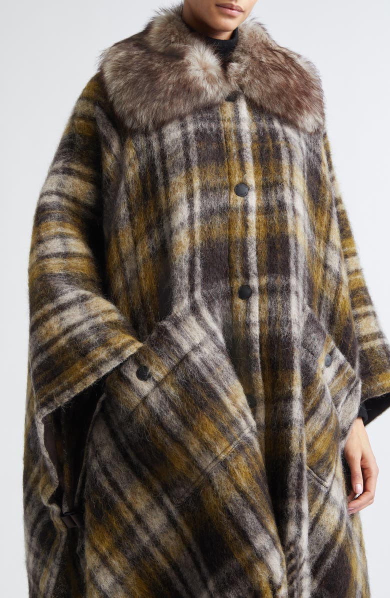 Moncler Grenoble Plaid Felt Cape with Genuine Shearling Collar, Alternate, color, Neutral