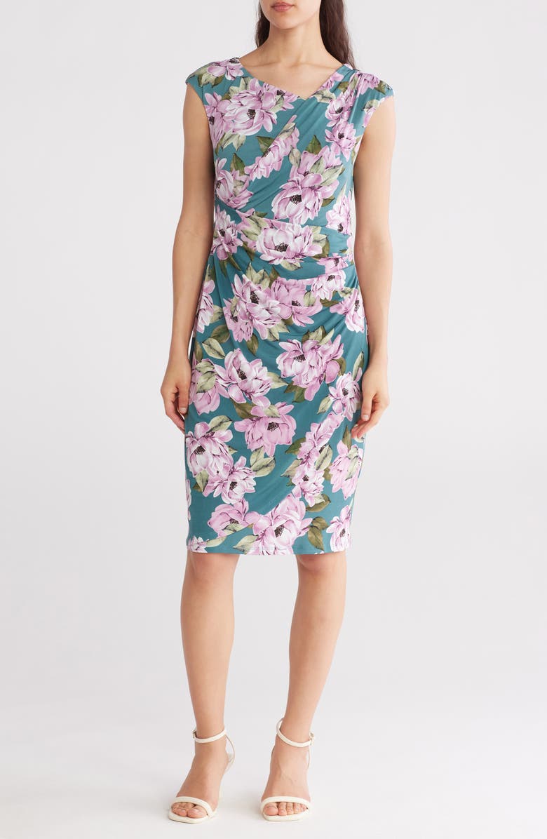 Connected Apparel Floral Cap Sleeve Ruched Faux Wrap Dress, Main, color,