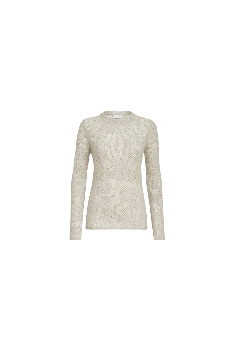 Lace flowers sweater in sparkling mohair and virgin wool, Alternate, color, Ivory