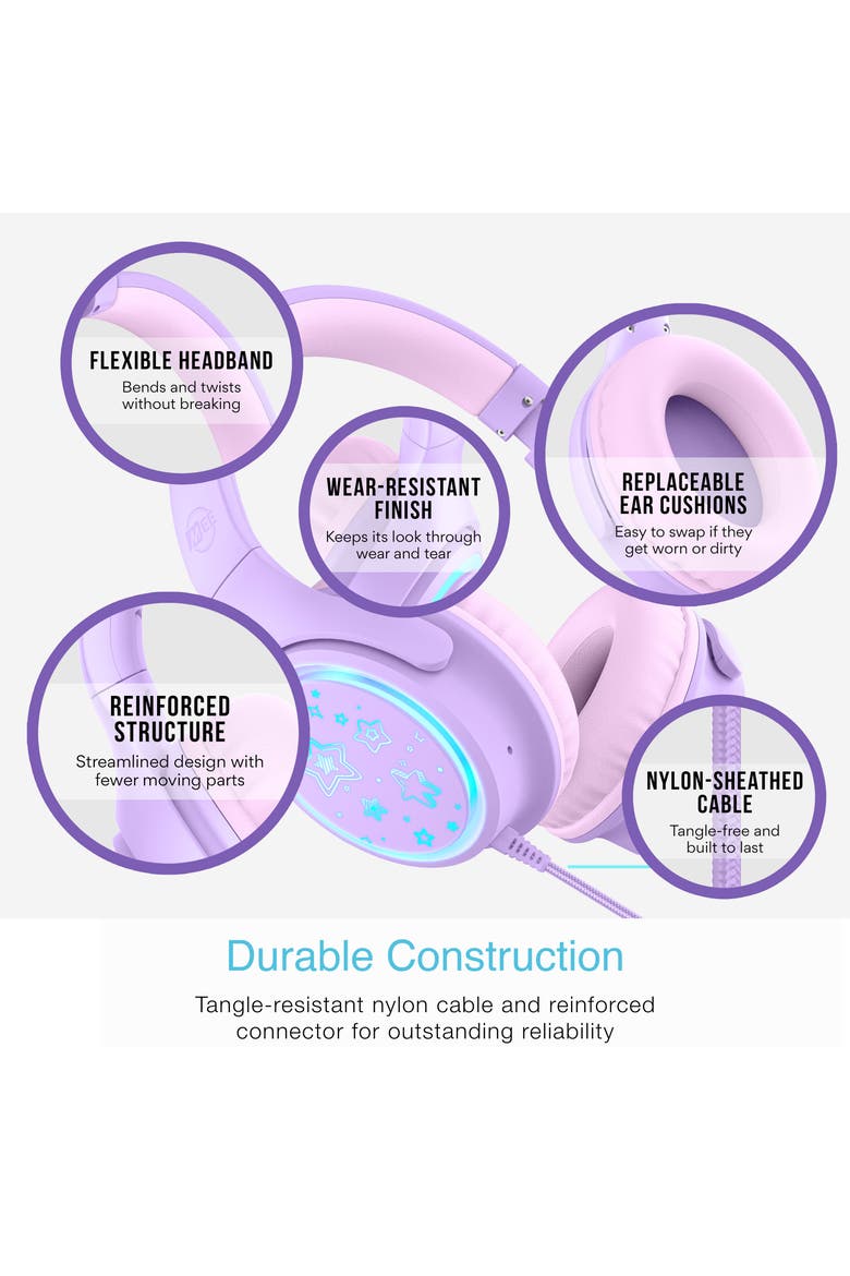 KidJamz KJ65U Safe Listening USB-C Over-Ear Headphones for Kids with LED Lights, Alternate, color, Lavender