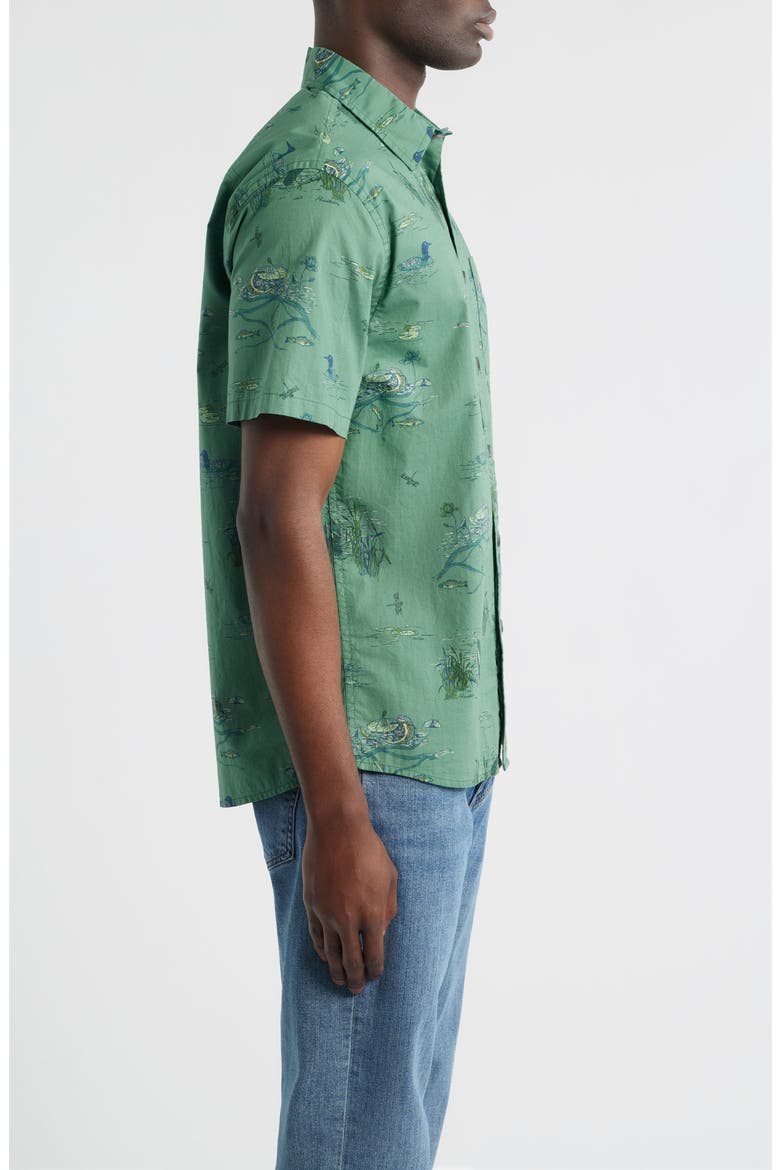 Shoreline Nature Print Short Sleeve Cotton Button-Up Shirt, Alternate, color, LAKESIDE GREEN