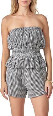 English Factory Gingham Strapless Peplum Top