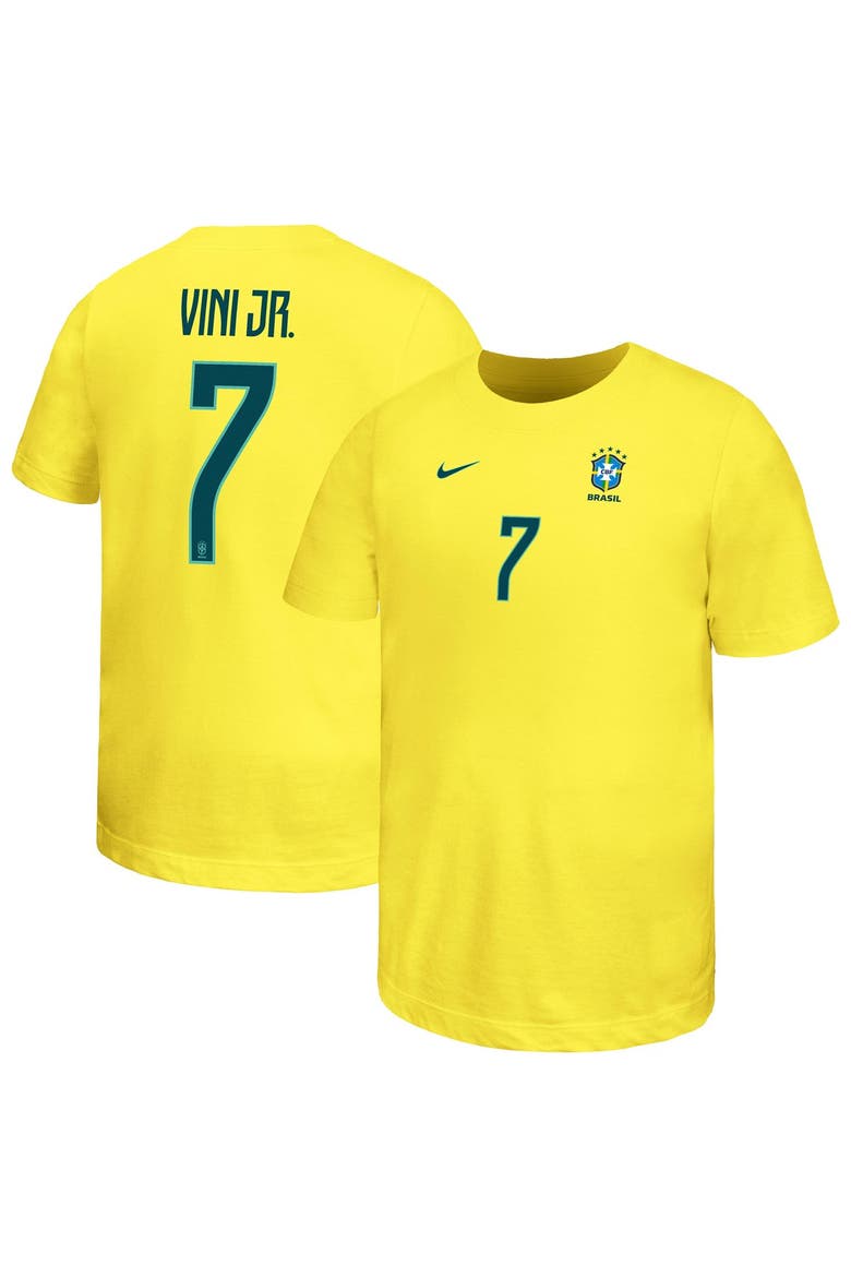 Youth Nike Vini Jr. Yellow Brazil National Team Name & Number T-Shirt, Main, color, Yellow