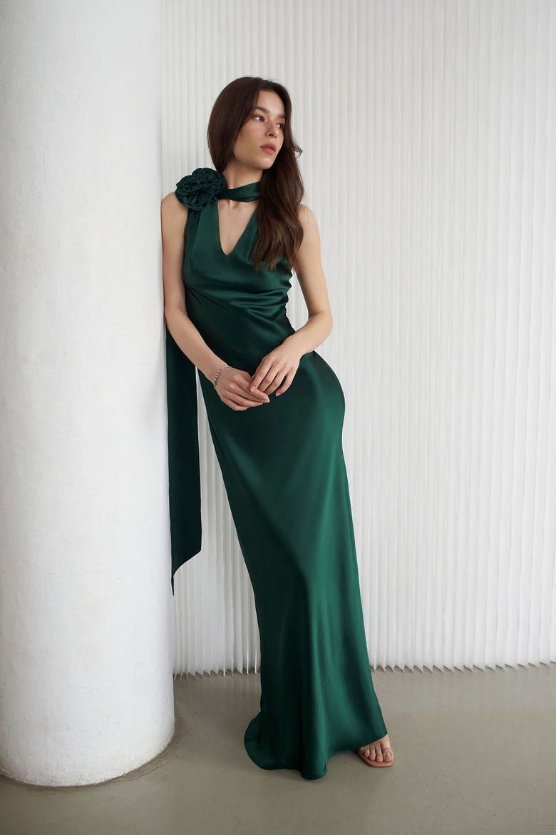 Luna Silky Bias Cut Dress Emerald, Alternate, color, Emerald