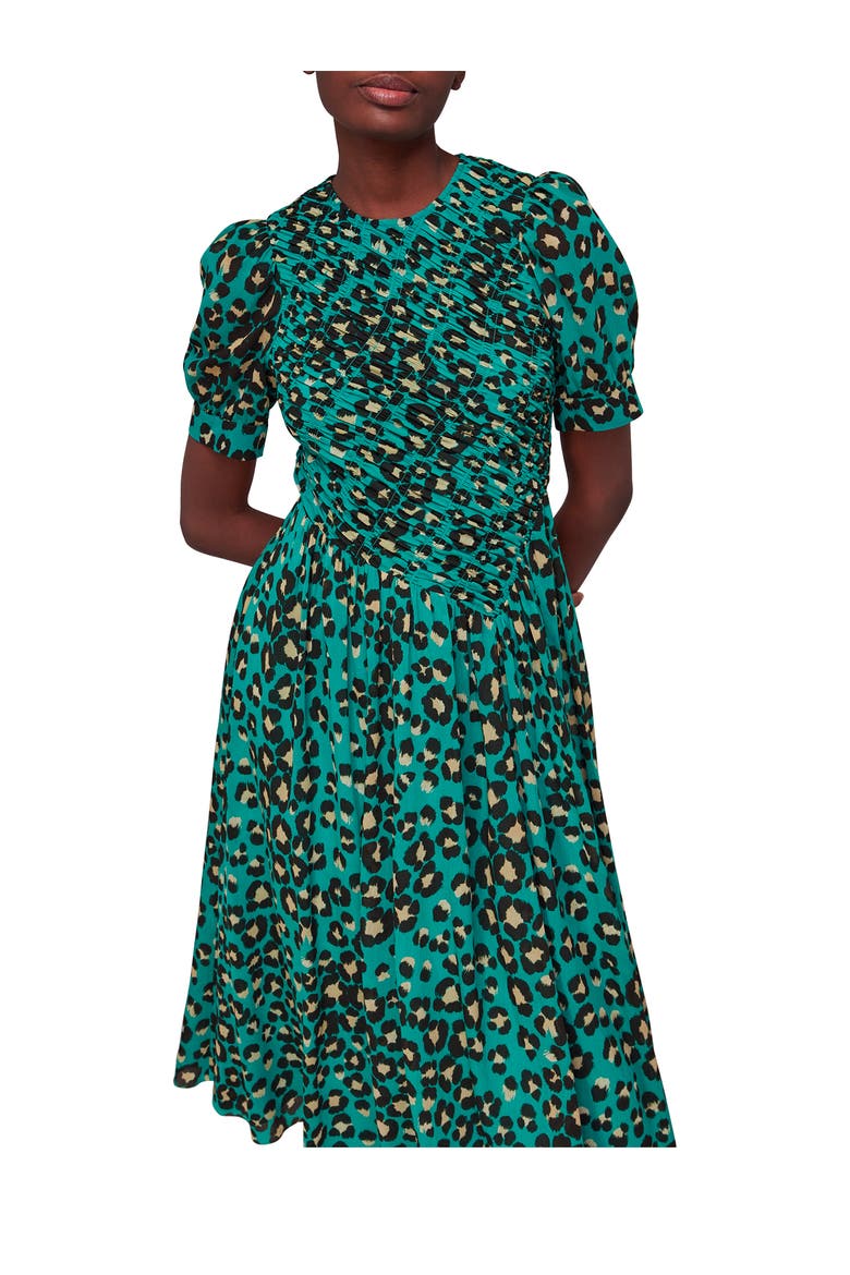Painted Leopard Shirred Dress, Alternate, color, Green/Multi