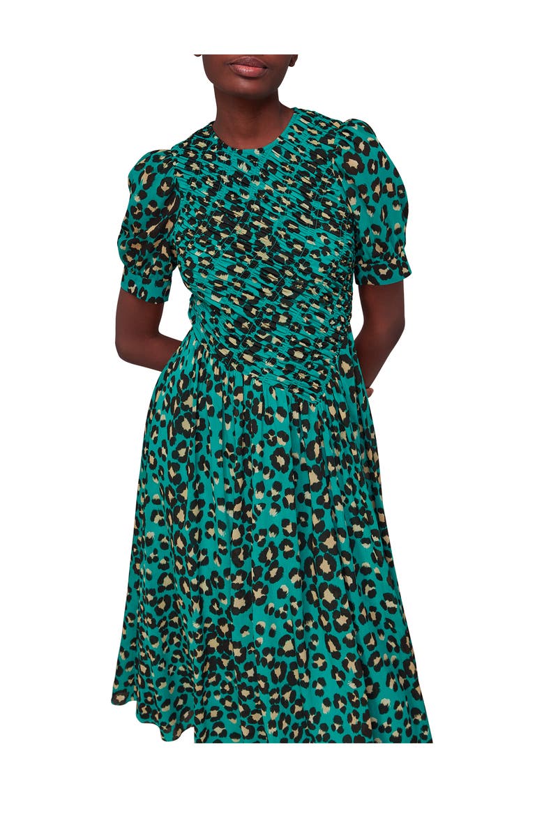 Whistles Painted Leopard Shirred Dress, Alternate, color, Green/Multi