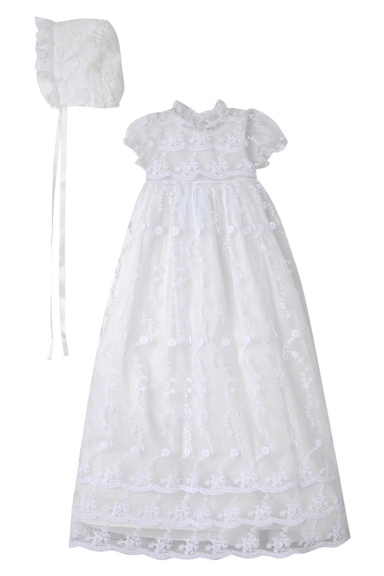 Embroidered Gown with Bonnet, Main, color, IVORY